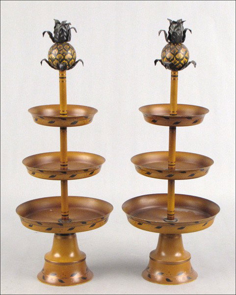 PAIR OF PAINTED TOLE THREE-TIER STANDS.: PAIR OF PAINTED TOLE THREE-TIER STANDS. Height: 18.5"