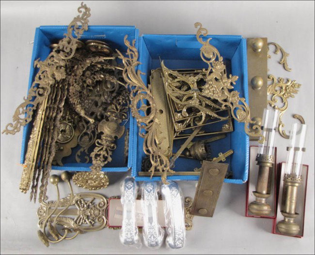 GROUP OF GILT METAL, BRASS, AND BRONZE FITTINGS: GROUP OF GILT METAL, BRASS, AND BRONZE FITTINGS. Comprised of mountings, brackets, hooks, bolts, and escutcheons
