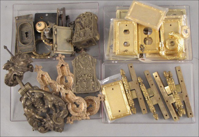 COLLECTION OF BRASS, GILT METAL, AND BRONZE FIT: COLLECTION OF BRASS, GILT METAL, AND BRONZE FITTINGS. Comprised of tiebacks, a door knocker, escutcheons, hinges, door pulls, and other