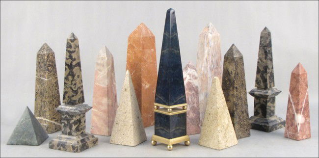 COLLECTION OF THIRTEEN MARBLE AND COMPOSITE OBE: COLLECTION OF THIRTEEN MARBLE AND COMPOSITE OBELISKS. Tallest: 14"
