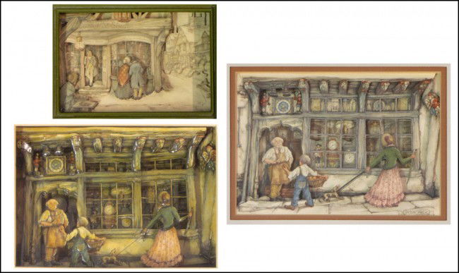 GROUP OF THREE SHADOWBOX DIORAMAS AFTER ANTON P: GROUP OF THREE SHADOWBOX DIORAMAS AFTER ANTON PIECK. One signed and numbered on the reverse backing 'Davidovics 3/75' 14.50" x 16.50" (largest frame)