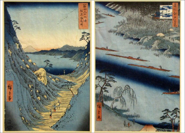 ANDO HIROSHIGE TWO WOODBLOCK PRINTS.: ANDO HIROSHIGE TWO WOODBLOCK PRINTS. Zenko Temple and the Ferry at Kawaguchi, from One Hundred Famous Views of Edo; Shiojiri Pass in Shinano Province, from Thirty-Six Views of Mount Fuji; Each matted 