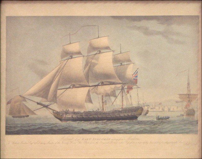 AFTER ROBERT DODD PORTRAIT OF AN EAST INDIAMAN: AFTER ROBERT DODD PORTRAIT OF AN EAST INDIAMAN SAILING FROM MADRAS. Color engraving, published by Lifson Green; Frame: 25" x 29" 15.50" x 19.50" (sight)