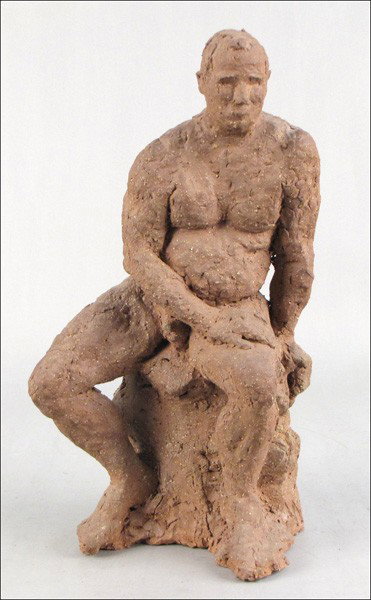 WPA STYLE FIGURE OF A SEATED MAN.: WPA STYLE FIGURE OF A SEATED MAN. Signed with the initials 'W.S.' at the lower edge Height: 17.25"
