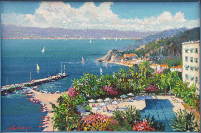KERRY HALLAM (B. 1937) COASTAL VIEW.: KERRY HALLAM (B. 1937) COASTAL VIEW. Acrylic on canvas, signed lower left; Frame: 36" x 47.25" 23.75" x 35.75"