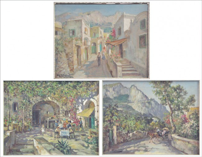 GIUSEPPE SALVATI (B. 1900) A WALK THROUGH TOWN.: GIUSEPPE SALVATI (B. 1900) A WALK THROUGH TOWN. Oil on canvas, signed LL. Together with two oil on canvasses of outdoor scenes: both signed illegibly LL Salvati: 15" x 19"