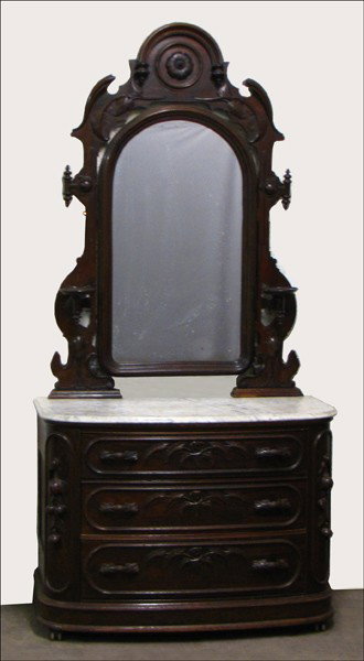 CARVED ROSEWOOD MARBLE TOP DRESSING TABLE WITH : CARVED ROSEWOOD MARBLE TOP DRESSING TABLE WITH MIRROR. H: 95" W: 46" D: 22"