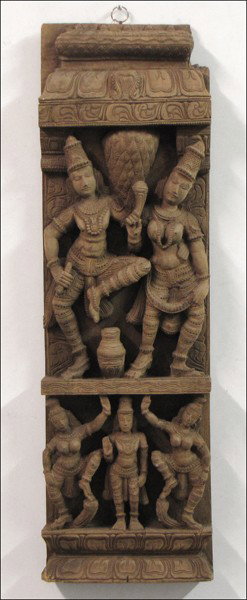 BALINESE CARVED WOOD WALL HANGING.: BALINESE CARVED WOOD WALL HANGING. H: 38" W: 12" D: 3"