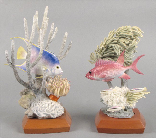 TWO ROYAL WORCESTER PORCELAIN FISH.: TWO ROYAL WORCESTER PORCELAIN FISH. Comprised of one Blue Angel Fish, and one Squirrel Fish