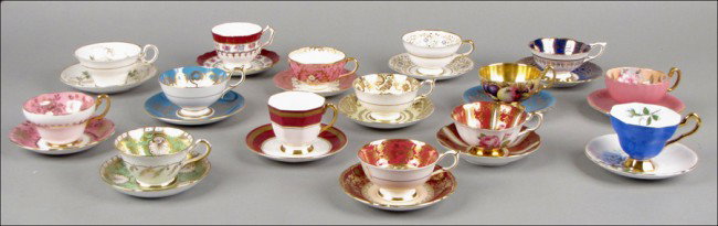 COLLECTION OF PORCELAIN TEACUPS AND SAUCERS.: COLLECTION OF PORCELAIN TEACUPS AND SAUCERS. With pieces by Ansley, Paragon, Copeland, Grosvenor, and others