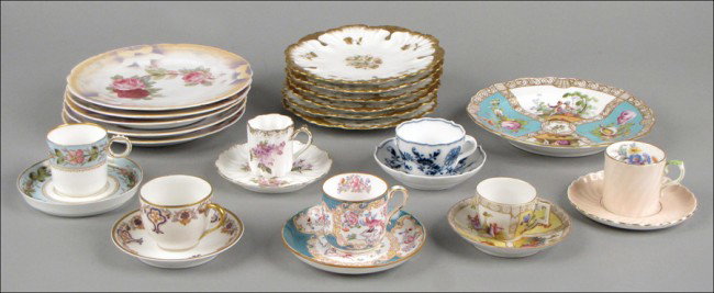 COLLECTION OF PORCELAIN DEMITASSE CUPS AND SAUC: COLLECTION OF PORCELAIN DEMITASSE CUPS AND SAUCERS. With pieces by Meissen, Aynsley, Minton, and others. Together with a Meissen gilt porcelain plate, five Altenburg porcelain plates, anda set of six 