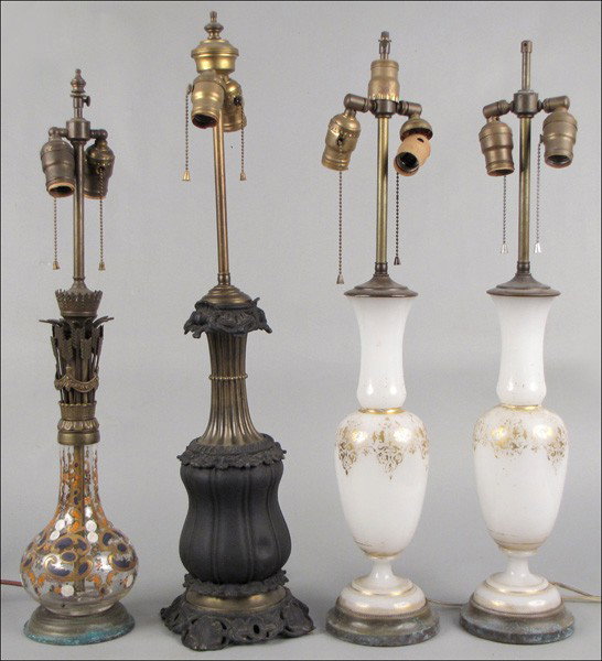 PAIR OF GILT OPALINE GLASS TABLE LAMPS.: PAIR OF GILT OPALINE GLASS TABLE LAMPS. Together with two table lamps Pair height: 16"