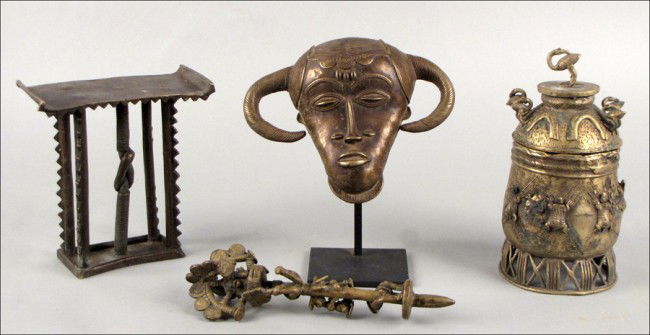 GROUP OF AFRICAN BRONZE AND GILT METAL DECORATI: GROUP OF AFRICAN BRONZE AND GILT METAL DECORATIVE OBJECTS. Tallest: 9.5"