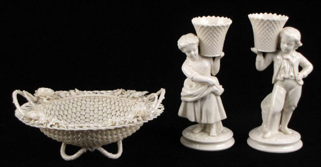 PAIR OF BELLEEK PORCELAIN CANDLESTICKS.: PAIR OF BELLEEK PORCELAIN CANDLESTICKS. Together with a Belleek parian porcelain basket Candlestick: 8.5"