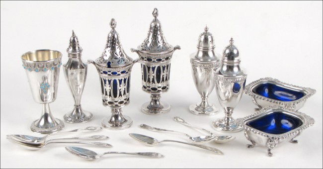 PAIR OF ENGLISH STERLING SILVER CASTERS.: PAIR OF ENGLISH STERLING SILVER CASTERS. With cobalt glass inserts. Together with one pair of sterling silver salt and pepper shakers, one sterling salt shaker, a pair of silverplate salt cellars with