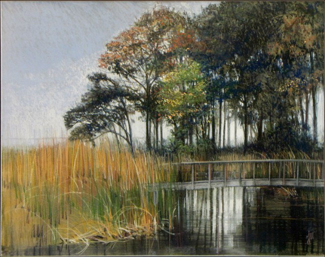 JOYCE NAGEL (AMERICAN, B.1934) MARSH BRIDGE.: JOYCE NAGEL (AMERICAN, B.1934) MARSH BRIDGE. Pastel on paper, signed with initials lower right 'JL;' Frame: 35.50" x 41.25" 21.50" x 27.25" (sight)
