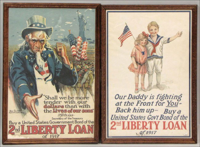 GROUP OF TWO FRAMED WORLD WAR I 2ND LIBERTY LOA: GROUP OF TWO FRAMED WORLD WAR I 2ND LIBERTY LOAN POSTERS. Our Daddy is Fighting at the Front for You; Shall We be More Tender with our Dollars than with the Lives of our Sons; Frames: 31.25" x 21.25"