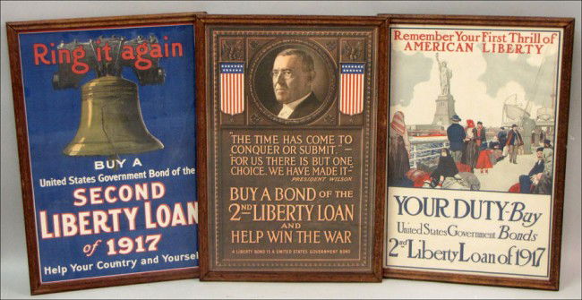GROUP OF THREE FRAMED WORLD WAR I LIBERTY LOAN: GROUP OF THREE FRAMED WORLD WAR I LIBERTY LOAN POSTERS. Ring it Again, President Wilson and Remember Your First Thrill of American Liberty; Frames: 31.25" x 21.25" 29" x 19"