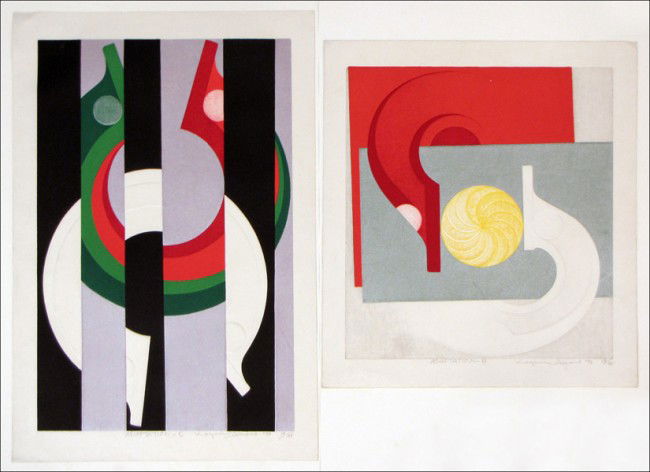 KAZUMI AMANO (JAPANESE, B. 1927) TWO WORKS.: KAZUMI AMANO (JAPANESE, B. 1927) TWO WORKS. Adaptation - B, color woodblock, 1973, edition 18/35 (21" x 18.75" sheet); Adaptation -C, color woodblock, 1973, edition 13/35 (27.4" x 18.75"); Each signed