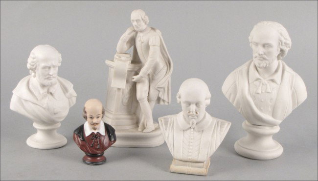 GROUP OF FIVE PARIAN FIGURES OF SHAKESPEARE.: GROUP OF FIVE PARIAN FIGURES OF SHAKESPEARE. Tallest: 9"