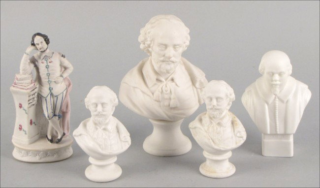 GROUP OF FIVE PARIAN FIGURES OF SHAKESPEARE.: GROUP OF FIVE PARIAN FIGURES OF SHAKESPEARE. Tallest: 8"