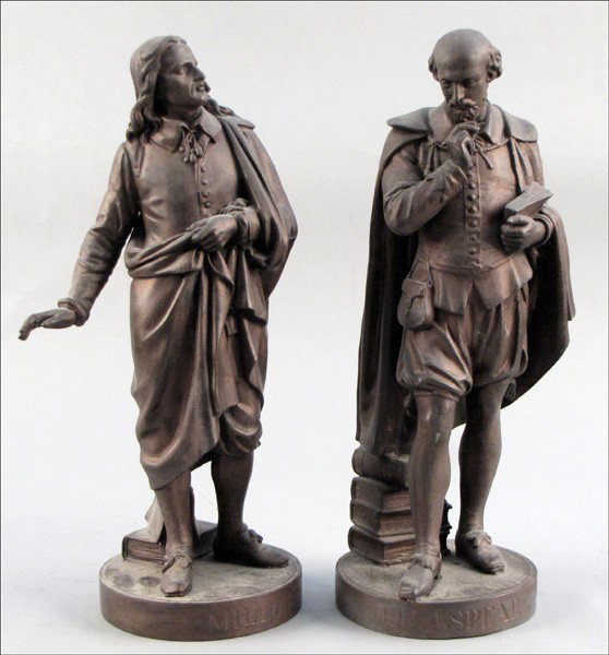 TWO PATINATED METAL FIGURES OF SHAKESPEARE AND : TWO PATINATED METAL FIGURES OF SHAKESPEARE AND MILTON. Height: 16" each