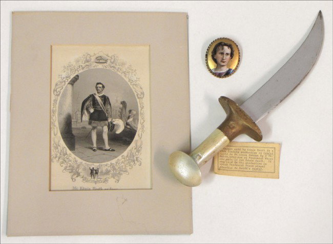 EDWIN BOOTH PAINTED CERAMIC BROOCH.: EDWIN BOOTH PAINTED CERAMIC BROOCH. Together with a prop dagger said to have been used by Booth, and steel engraving of Booth