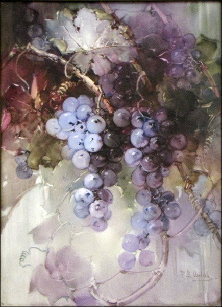 FRANZ B. AULICH GRAPE VINE LIMOGES PORCELAIN PL: FRANZ B. AULICH GRAPE VINE LIMOGES PORCELAIN PLAQUE. Signed lower right 'F.B. Aulich;' Stamped on the reverse in green 'PP/L France' and impressed '28 37 PP/L;' Frame: 22.75" x 18.75" 14.50" x 10.50"