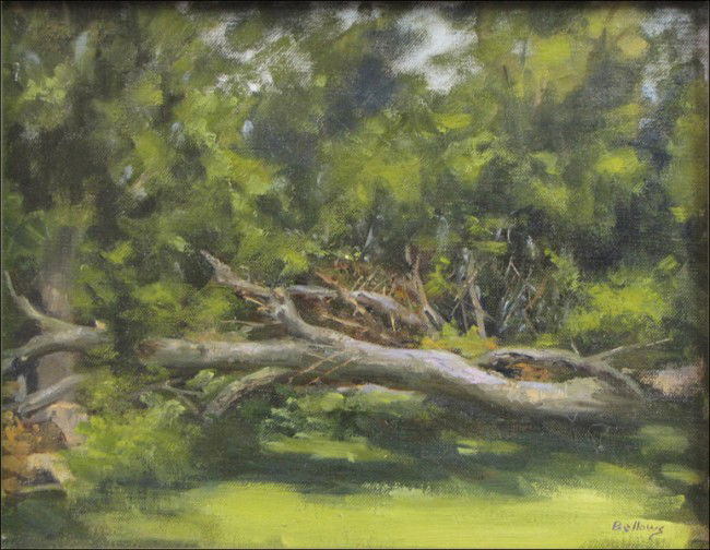 JAYNE BELLOWS (20TH CENTURY) THE FALLEN TREE.: JAYNE BELLOWS (20TH CENTURY) THE FALLEN TREE. Oil on canvasboard, signed LR 10.5" x 13.5"