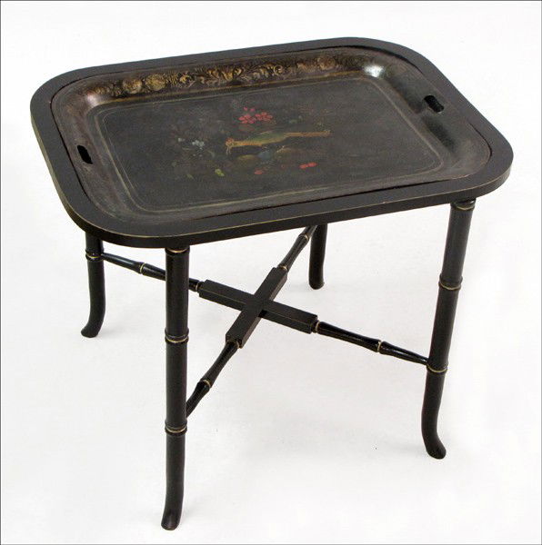 TOLE TRAY TABLE.: TOLE TRAY TABLE. Decorated with birds and flowers H: 21" W: 26.5" D: 20"
