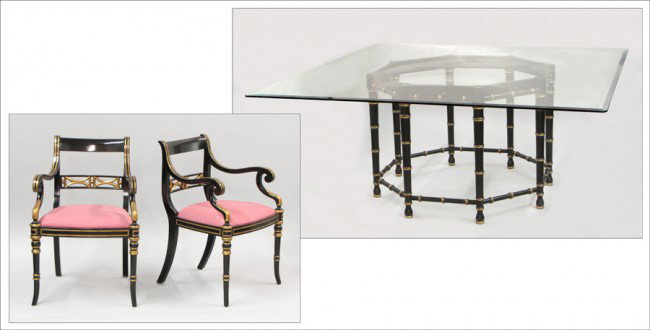 KINDEL CARVED AND PAINTED WOOD DINING TABLE.: KINDEL CARVED AND PAINTED WOOD DINING TABLE. With 72" x 72" glass top. Together with a set of six Maitland Smith armchairs, H: 33" Table Height: 29.5"