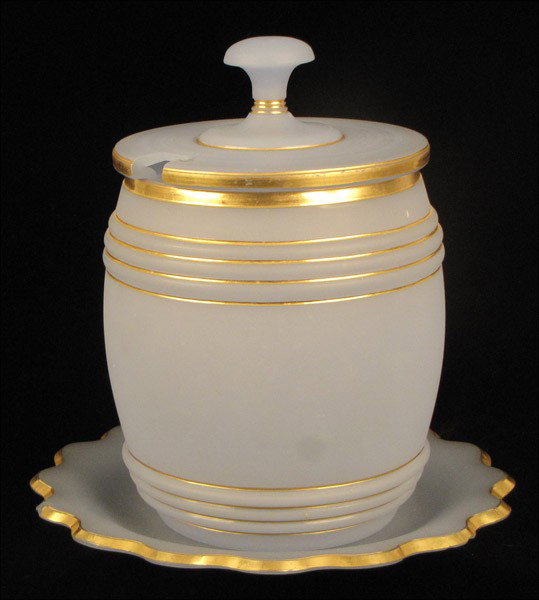 GILT FROSTED OPALINE GLASS BARREL WITH UNDERPLA: GILT FROSTED OPALINE GLASS BARREL WITH UNDERPLATE. 12.5" x 12"