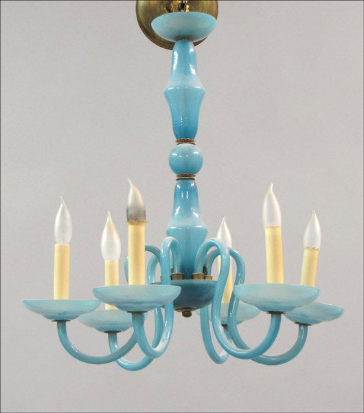 BLUE OPALINE GLASS SIX-LIGHT CHANDELIER.: BLUE OPALINE GLASS SIX-LIGHT CHANDELIER. 20" x 15"