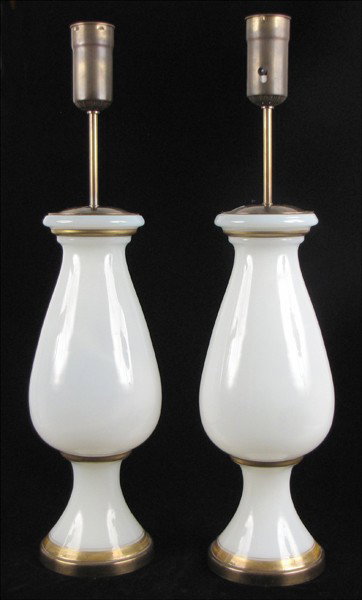 PAIR OF GILT OPALINE GLASS TABLE LAMPS.: PAIR OF GILT OPALINE GLASS TABLE LAMPS. Glass height: 21"