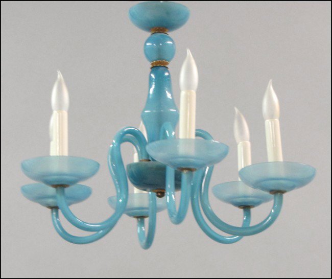 BLUE OPALINE GLASS SIX-LIGHT CHANDELIER.: BLUE OPALINE GLASS SIX-LIGHT CHANDELIER. 14" x 18"