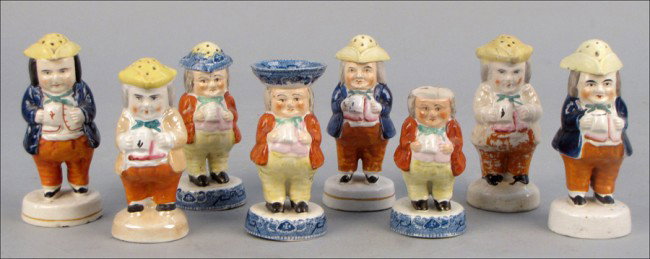 GROUP OF STAFFORDSHIRE POTTERY TOBY SHAKERS AND: GROUP OF STAFFORDSHIRE POTTERY TOBY SHAKERS AND FIGURES. Tallest: 5.75"