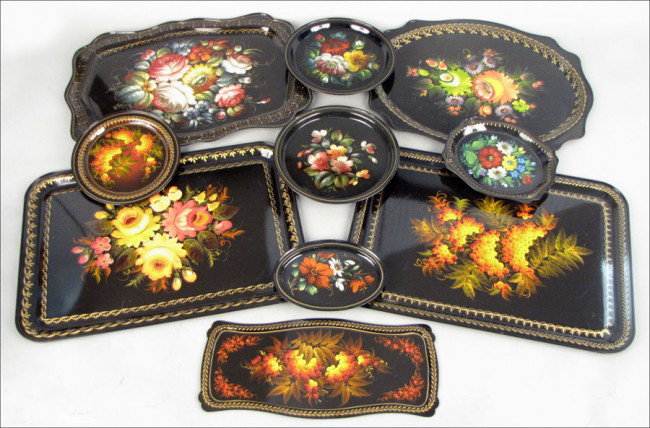 NINE RUSSIAN TOLE TRAYS.: NINE RUSSIAN TOLE TRAYS. All hand painted, ranging in size from 7" x 5" to 18" x 12"