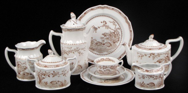 FURNIVALS QUAIL PATTERN TRANSFERWARE DINNER SER: FURNIVALS QUAIL PATTERN TRANSFERWARE DINNER SERVICE. Comprised of eleven dinner plates, thirteen salad plates, fifteen bread plates, eleven saucers, nine teacups, one coffee pot, one teapot, one cream