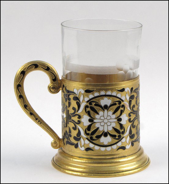 RUSSIAN CHAMPLEVE ENAMEL TEA HOLDER.: RUSSIAN CHAMPLEVE ENAMEL TEA HOLDER. With an etched glass cup Height with cup: 4.75"