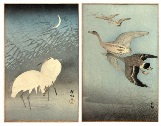 KOSON OHARA (JAPANESE 1877-1945) TWO WORKS.: KOSON OHARA (JAPANESE 1877-1945) TWO WORKS. Egrets & Crescent Moon; Wild Geese in Flight: Each a color woodblock; Frames: 18.50" x 13.75"