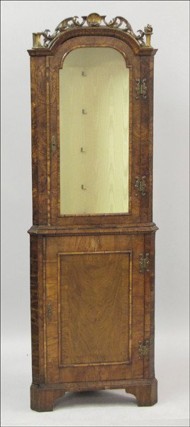 GEORGE III BURLED WALNUT CORNER CUPBOARD.