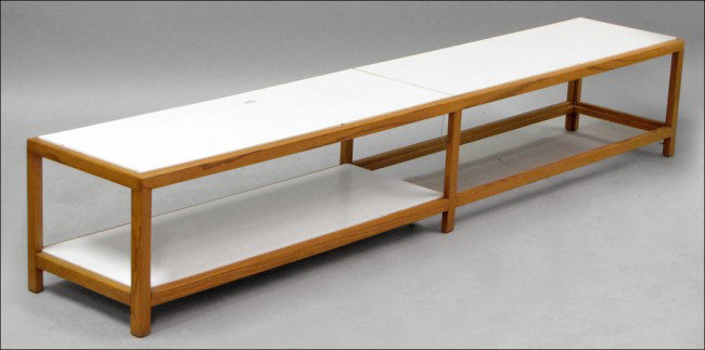 EDWARD WORMLEY FOR DUNBAR OAK AND LAMINATE TWO-: EDWARD WORMLEY FOR DUNBAR OAK AND LAMINATE TWO-TIER TABLE. H: 15" W: 85.75" D: 15.5"