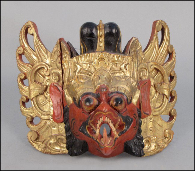 BALINESE POLYCHROME DECORATED WOOD MASK.: BALINESE POLYCHROME DECORATED WOOD MASK. H: 12" W: 15" D: 11"