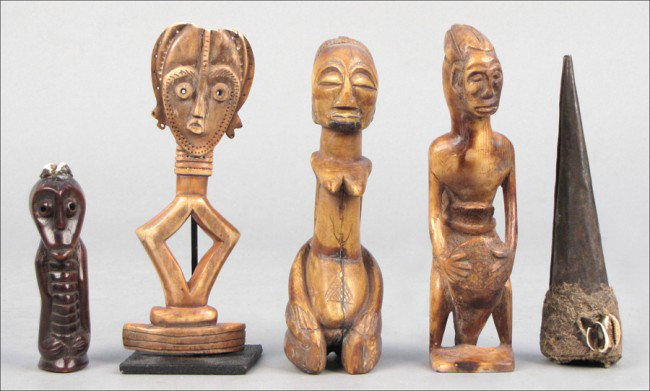 GROUP OF FOUR AFRICAN IVORY FIGURES.: GROUP OF FOUR AFRICAN IVORY FIGURES. Together with a metal and pucca shell horn Tallest: 7"