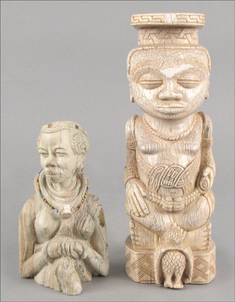 AFRICAN CARVED IVORY FIGURE.: AFRICAN CARVED IVORY FIGURE. Together with a carved stone and beaded bust, H: 8" Ivory Figure: 13.5"