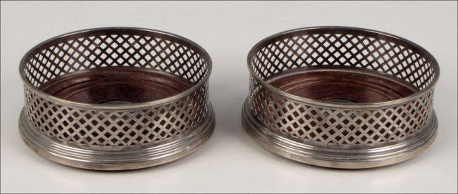 PAIR OF ENGLISH STERLING SILVER WINE COASTERS.: PAIR OF ENGLISH STERLING SILVER WINE COASTERS. 1.75" x 5"