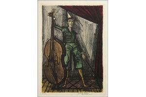 BERNARD BUFFET (1928-1999) THE BASS PLAYER.: BERNARD BUFFET (1928-1999) THE BASS PLAYER. Lithograph in colors, signed and numbered in pencil in the lower margin, edition 42/120; Frame: 34" x 24.50" 28.25" x 20" (sheet)