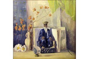 ALICE ROSS BRENING (20TH CENTURY) STILL LIFE WI: ALICE ROSS BRENING (20TH CENTURY) STILL LIFE WITH BOOK, CERAMIC FIGURE AND CRYSTAL BALL. Oil on canvas, signed lower right 'Alice Ross Brening;' Frame: 34" x 34.50" 28" x 30"