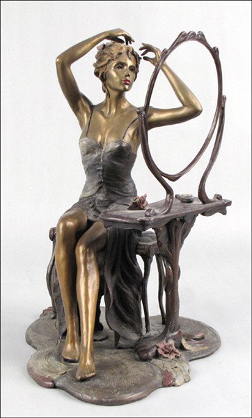 ISAAC MAIMON (B.1951) WOMAN SEATED AT VANITY.: ISAAC MAIMON (B.1951) WOMAN SEATED AT VANITY. Cold painted bronze, signed in base, dated '96, 11/150 Height: 17.25"