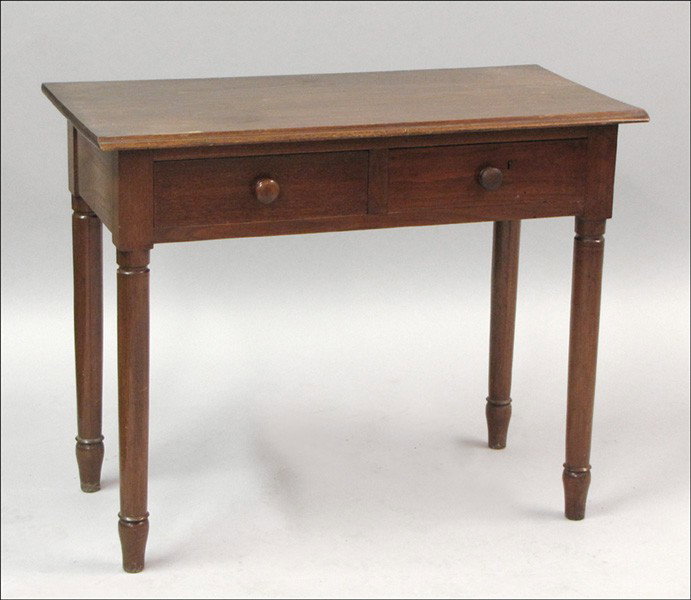 SHERATON STYLE MAHOGANY TWO-DRAWER SIDE TABLE.: SHERATON STYLE MAHOGANY TWO-DRAWER SIDE TABLE. H: 28" W: 35" D: 17.25"